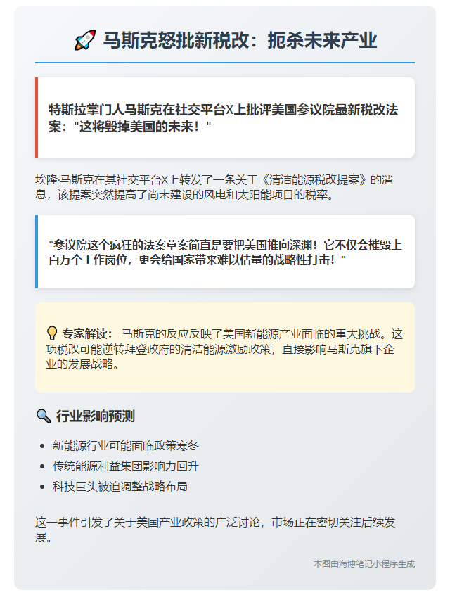马斯克怒批新税改：扼杀未来产业