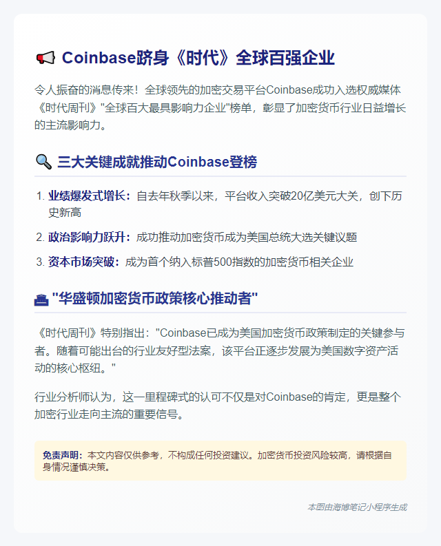 Coinbase跻身《时代》2025全球百强企业