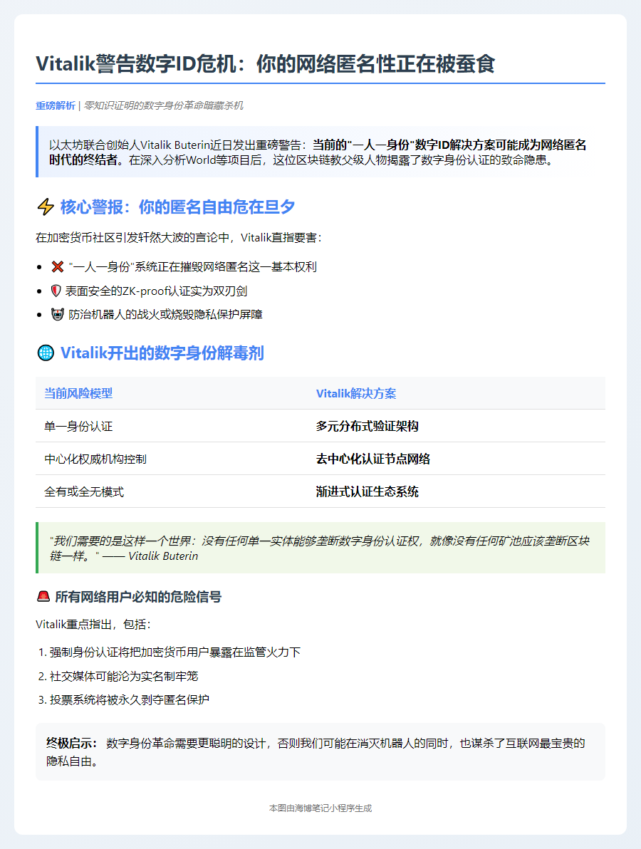Vitalik：World ID威胁匿名性，建议多元化数字身份