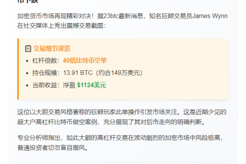 "James Wynn比特币空单浮盈1124美元"