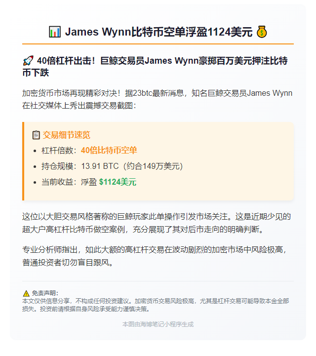 "James Wynn比特币空单浮盈1124美元"