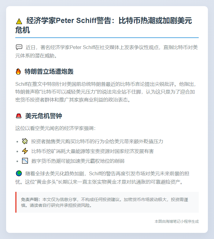 Peter Schiff：抛售美元买比特币将加剧美元压力