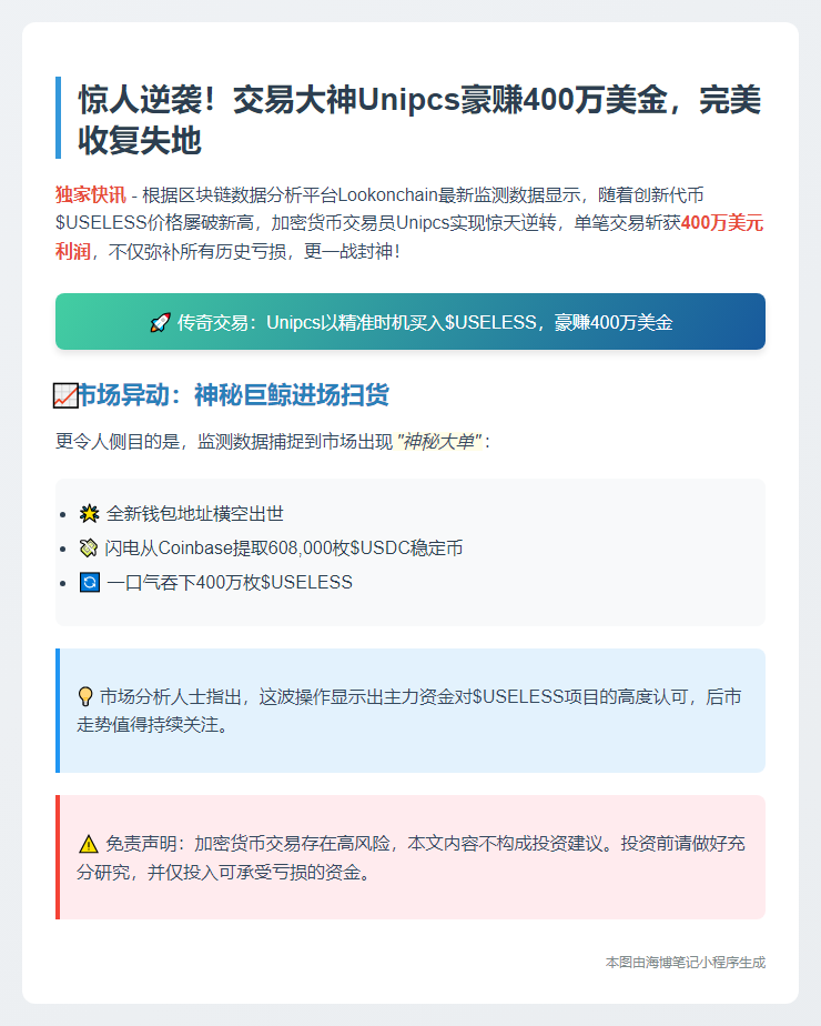 Unipcs交易员用USELESS盈利400万回本
