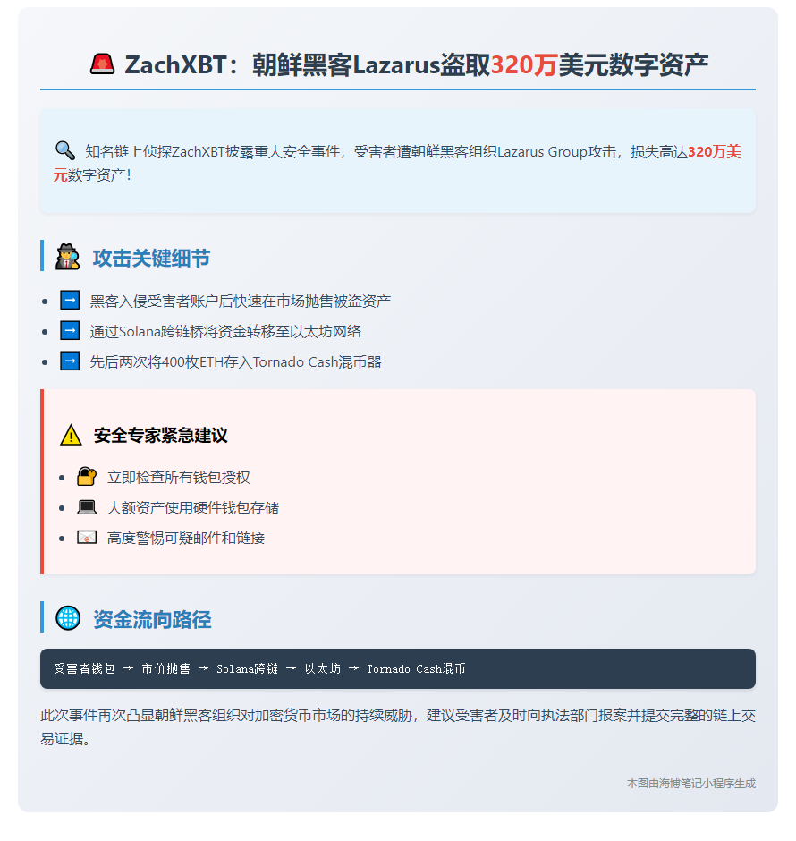 ZachXBT：用户遭Lazarus攻击损失320万