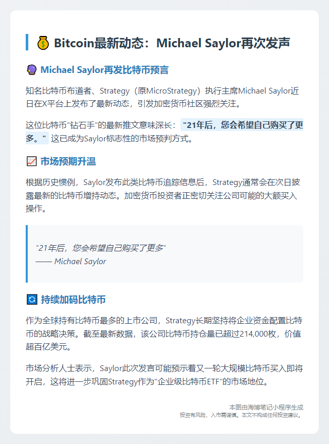 比特币最新动态：Michael Saylor再次发声