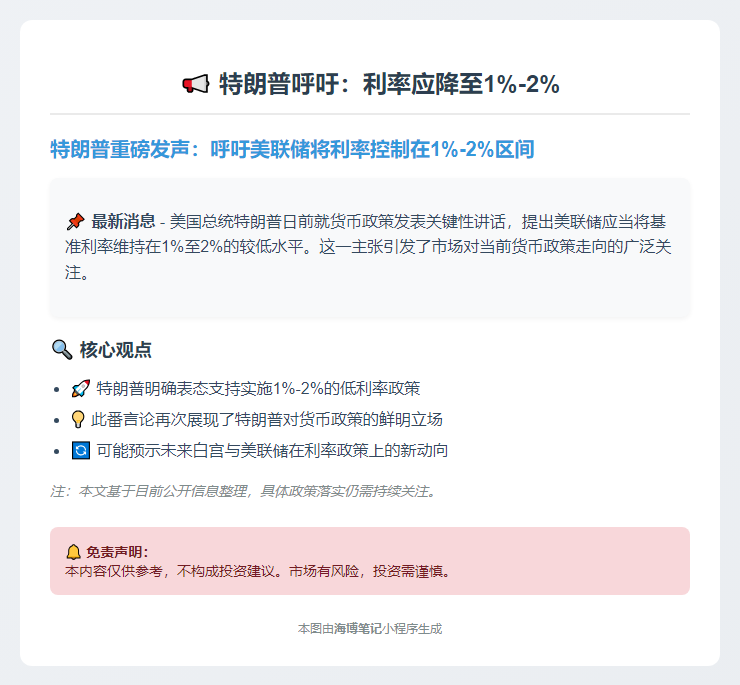 特朗普呼吁：利率应降至1%-2%