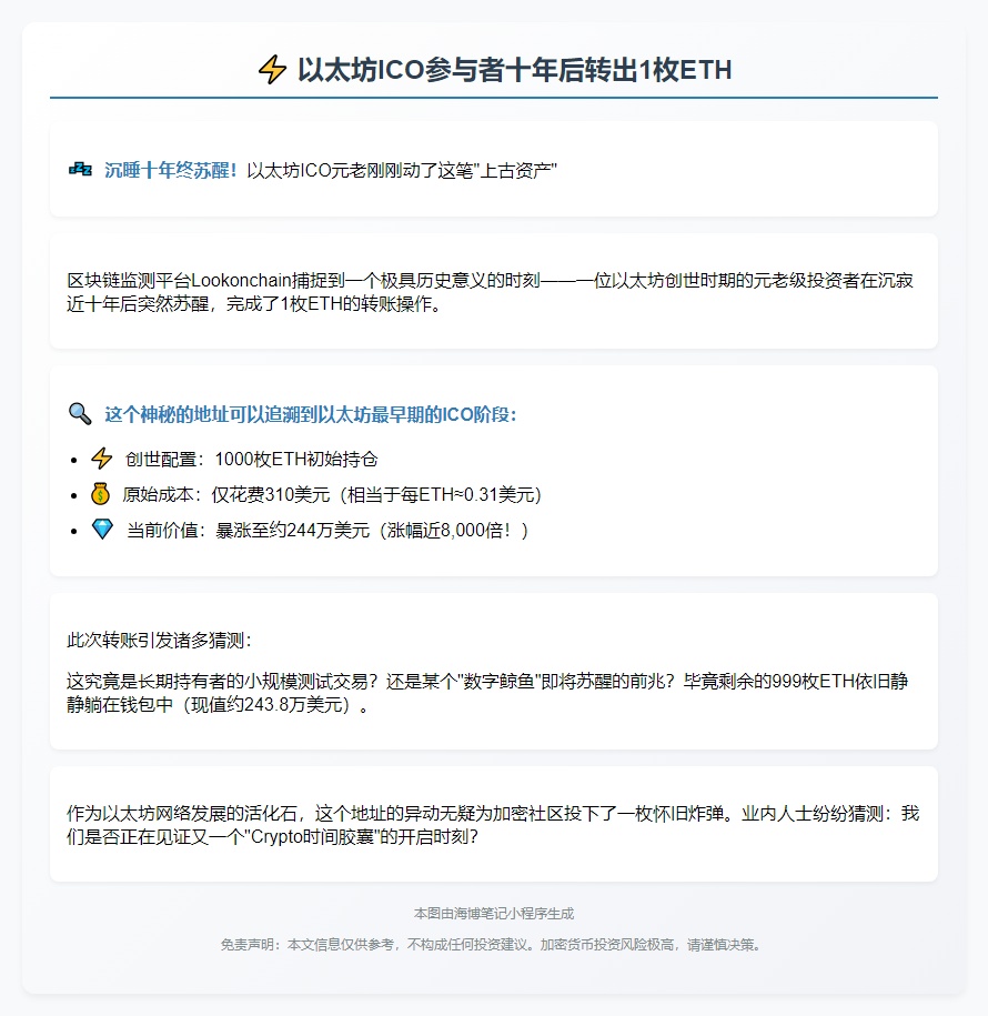 "以太坊ICO参与者十年后转出1枚ETH"
