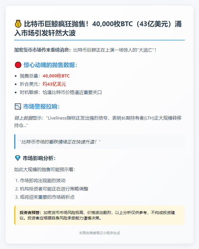 比特币巨鲸抛售4万枚BTC，价值43亿美元