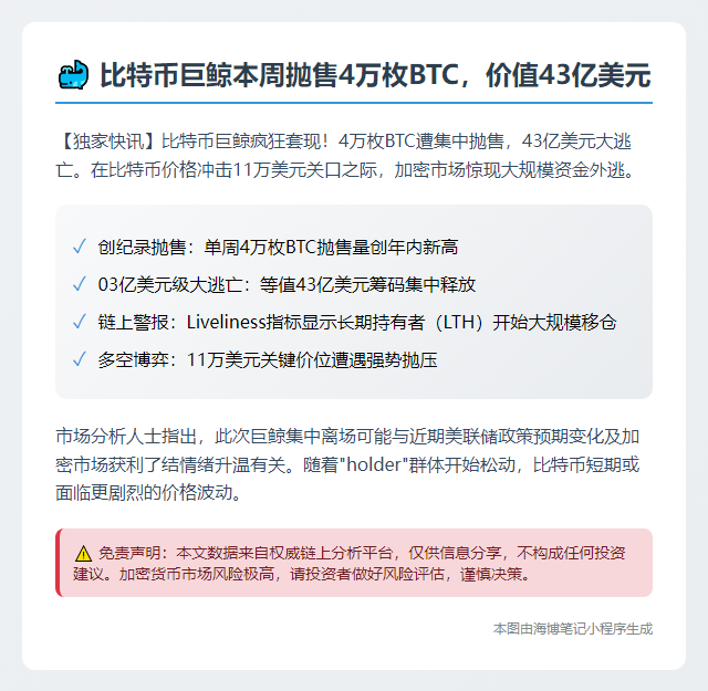 比特币巨鲸本周抛售4万枚BTC，价值43亿美元
