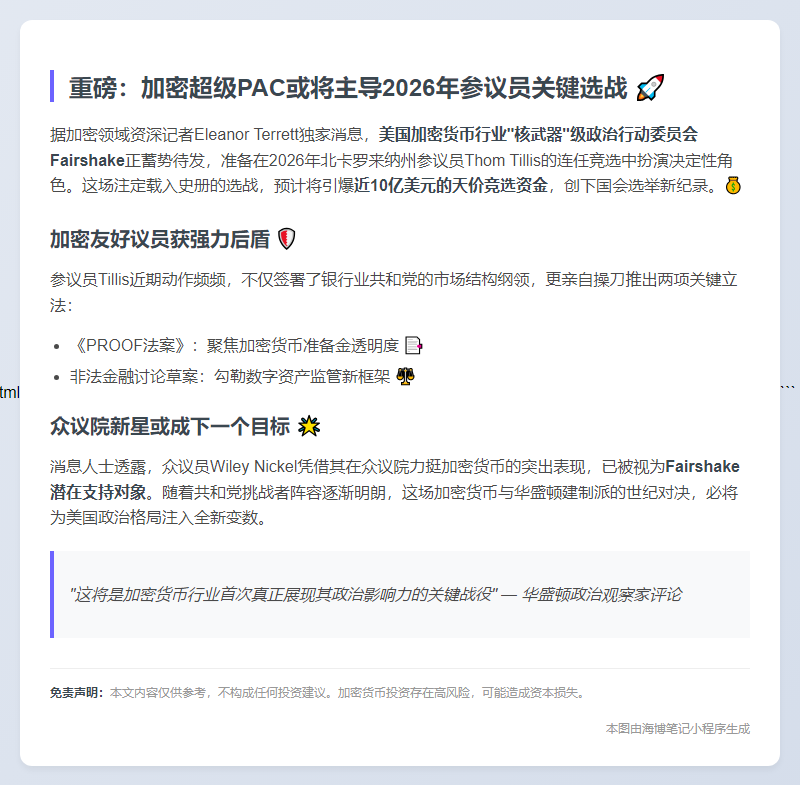 美加密PAC或左右Tillis2026连任
