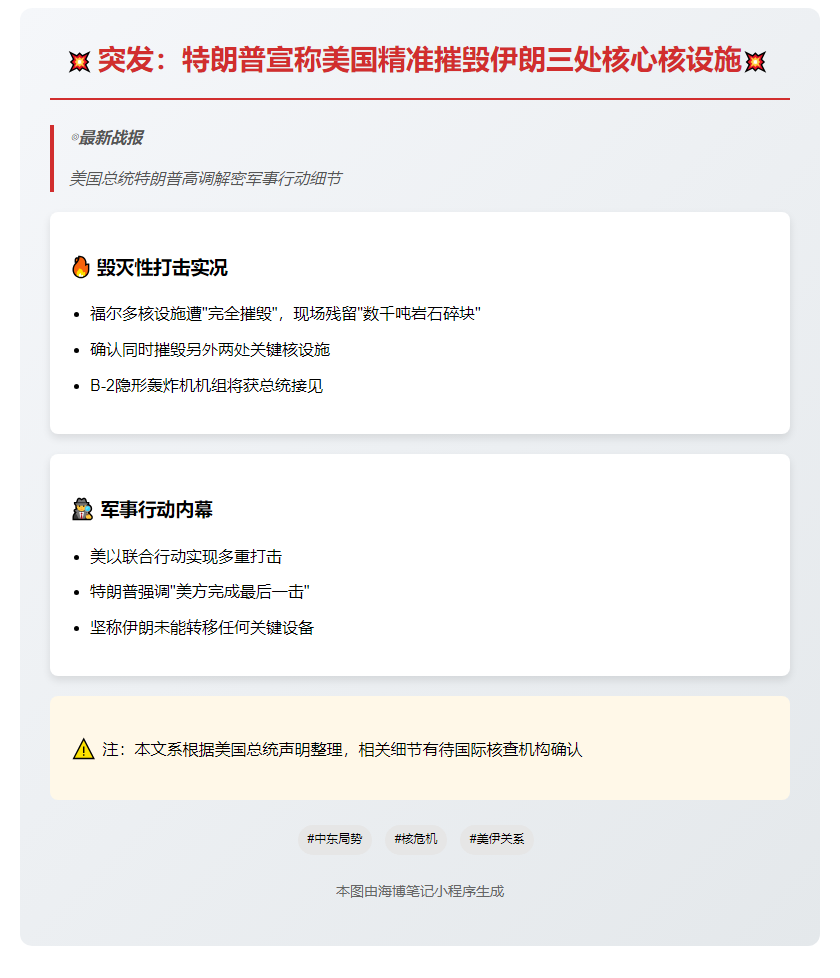 特朗普：摧毁伊朗三处核设施
