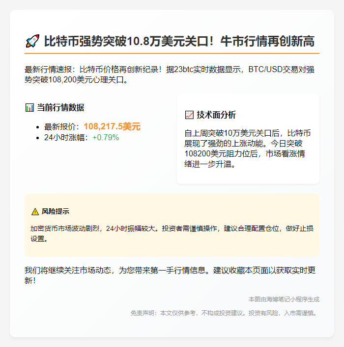 比特币突破10.82万美元