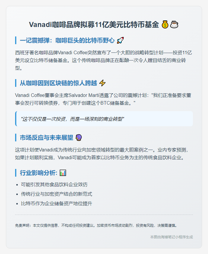 Vanadi咖啡品牌拟募11亿美元比特币基金