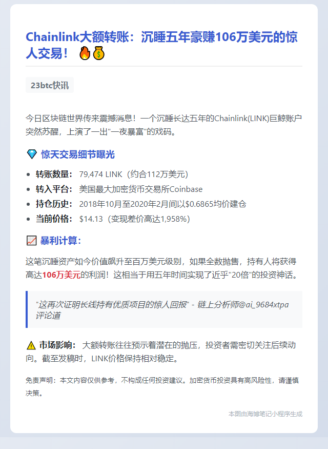 Chainlink充值Coinbase 11.2万枚LINK