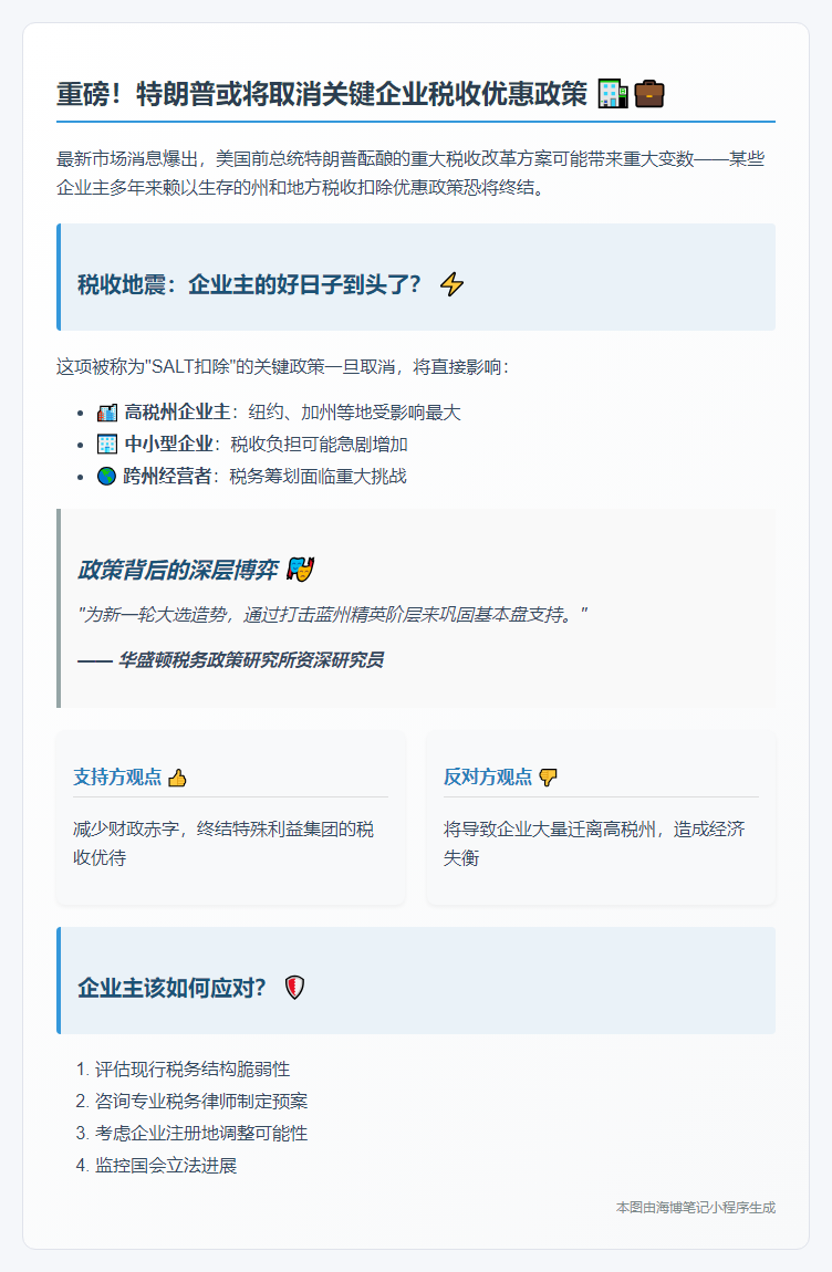 特朗普税改或取消企业税收优惠