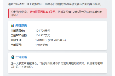 仅差250美元！1.26亿BTC多单将爆仓
