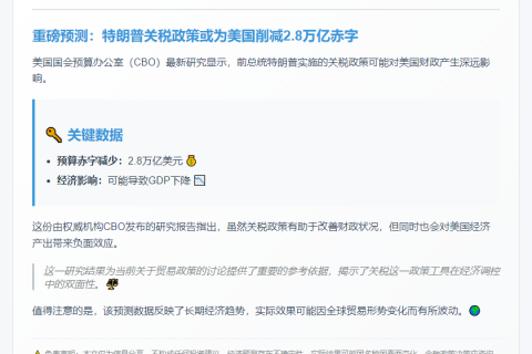 特朗普关税或十年减赤字2.8万亿