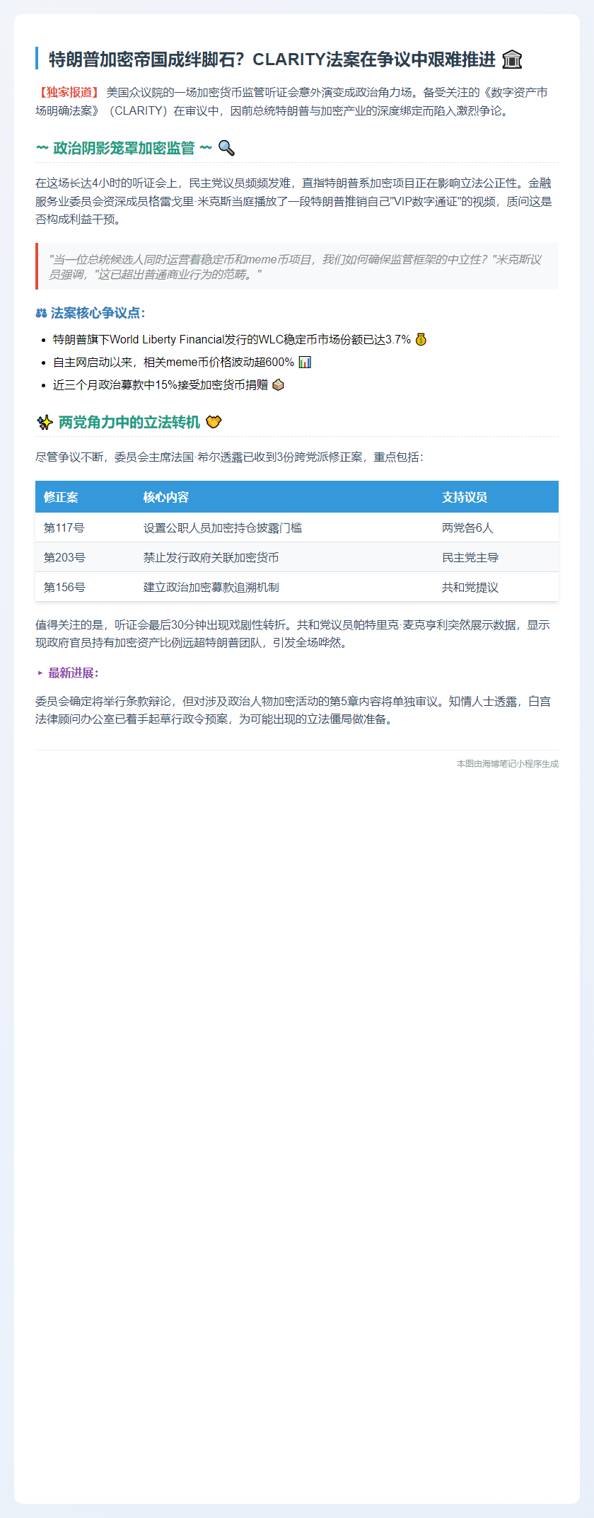 特朗普涉币争议阻CLARITY法案