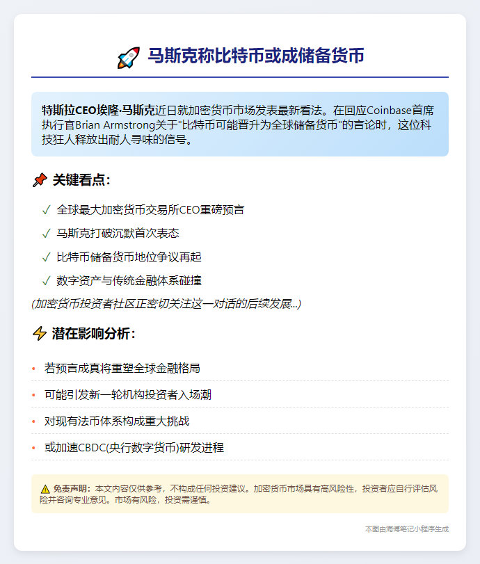 马斯克称比特币或成储备货币