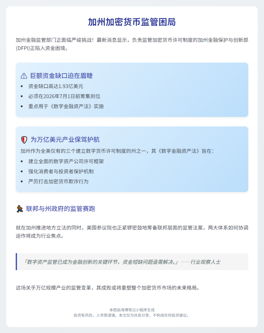 加州加密监管机构资金告急