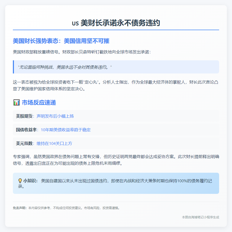 美财长承诺永不债务违约