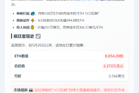 巨鲸六小时充994.8 ETH至OKX