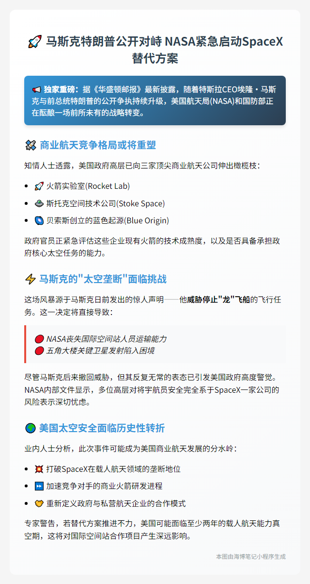 特朗普马斯克交锋 NASA寻SpaceX备选