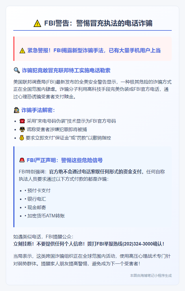 FBI警告：警惕冒充执法的电话诈骗