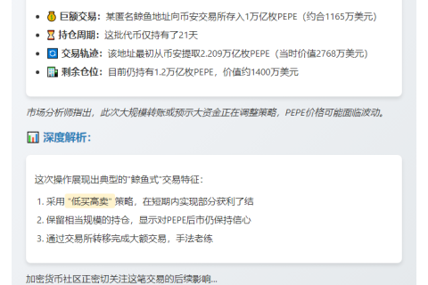 巨鲸抛售万亿PEPE套现1165万美元