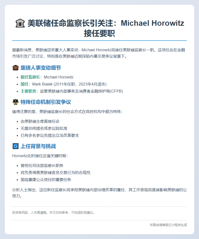 美联储任命新监察长迈克尔·霍洛维茨