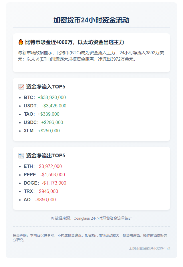 加密货币24小时资金流动：BTC流入3892万，ETH流出3972万
