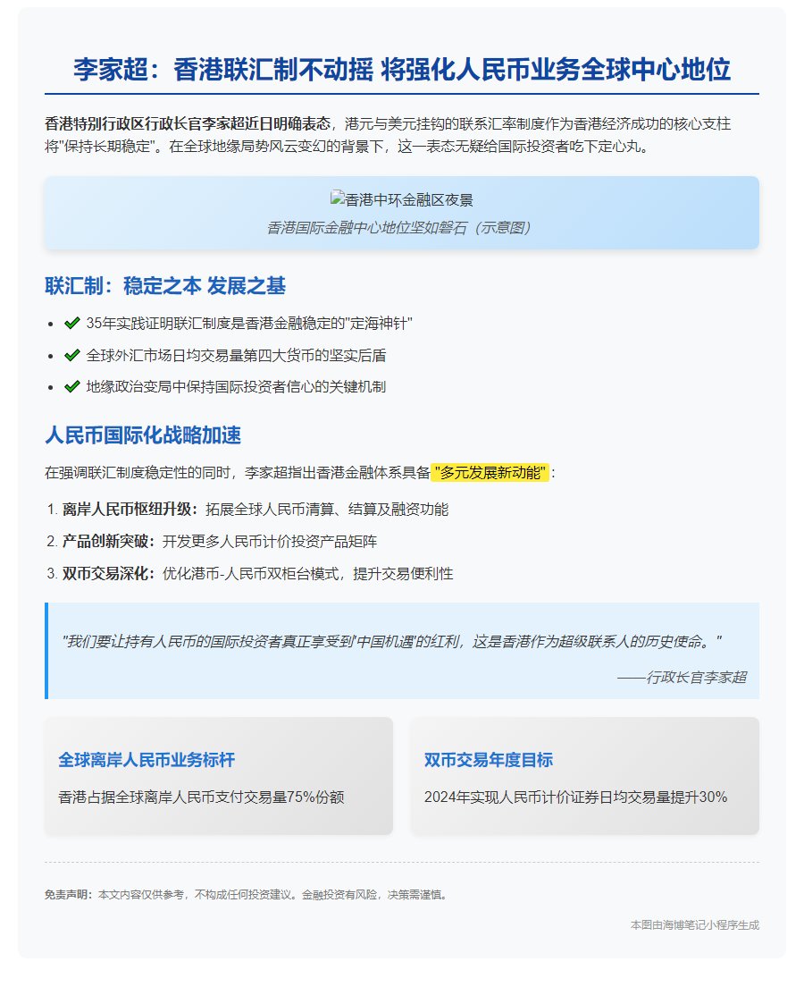 李家超：联系汇率制是香港成功关键 将维持不变