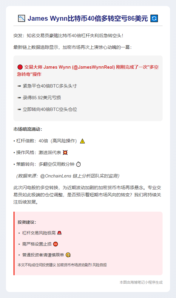 James Wynn比特币40倍多转空亏86美元