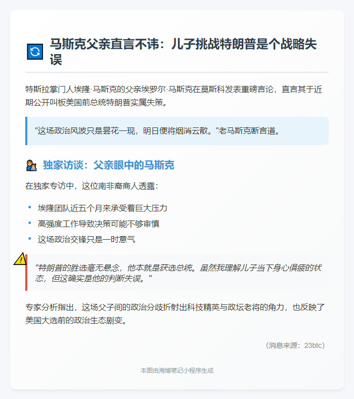 马斯克父亲：挑战特朗普是错误