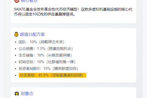 SKATE经济模型：10亿代币45.5%归社区