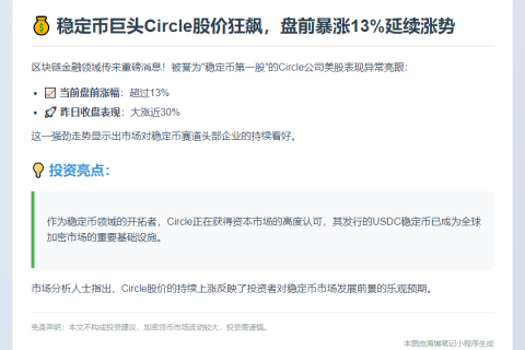 Circle美股盘前续涨13%，前日飙升近30%