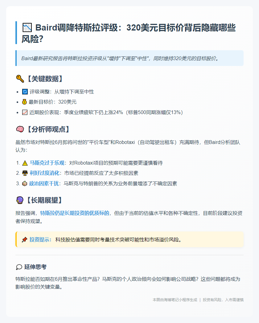 Baird下调特斯拉评级至中性 目标价320美元