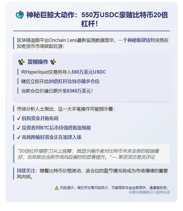 "新建钱包550万USDC加20倍杠杆做多BTC"