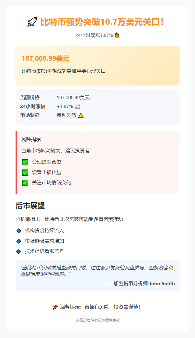 比特币突破10.7万美元