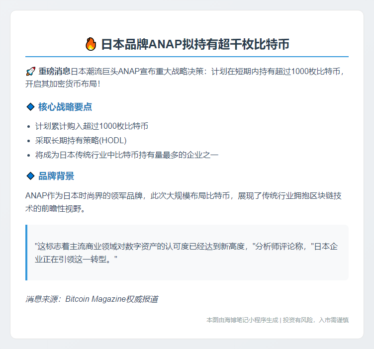 日本品牌ANAP拟8月前持超千枚比特币