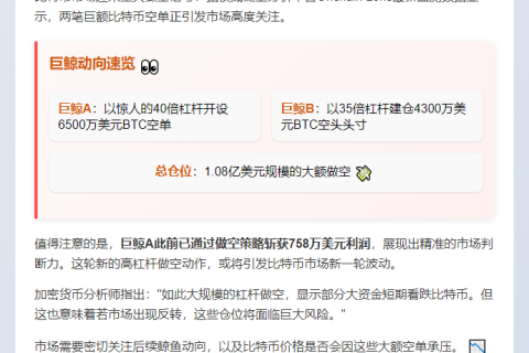 巨鲸做空BTC，持仓1.08亿美元