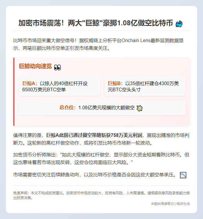 巨鲸做空BTC，持仓1.08亿美元