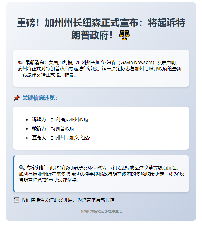 纽森宣布起诉特朗普政府