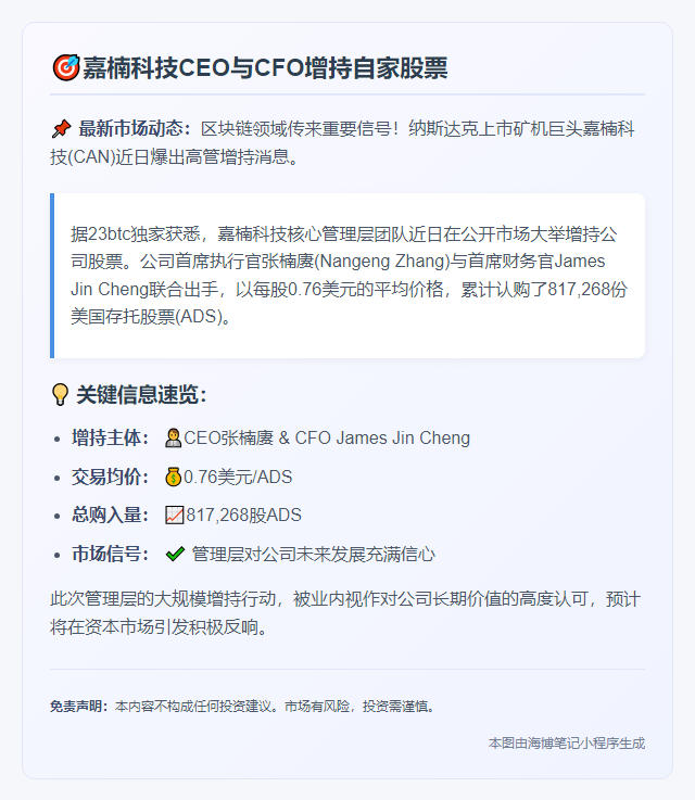 嘉楠科技CEO与CFO增持自家股票