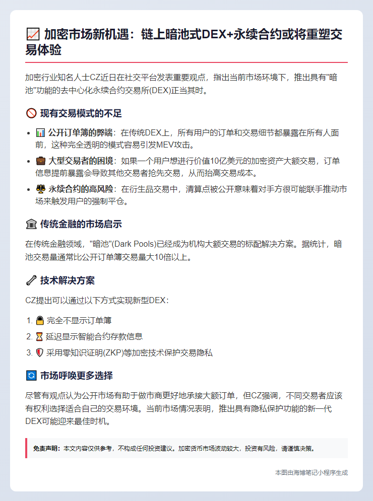 CZ：推出链上暗池DEX+永续合约机不可失