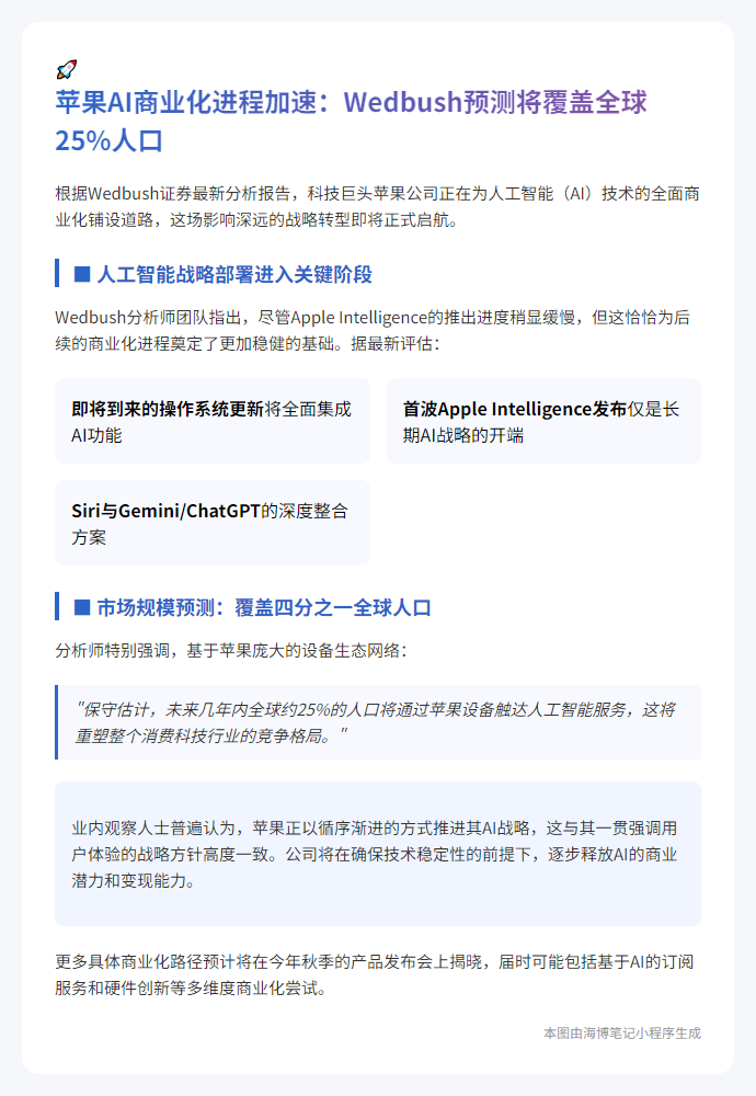 或：
苹果启动AI商业化进程
或：
苹果迈入AI变现阶段