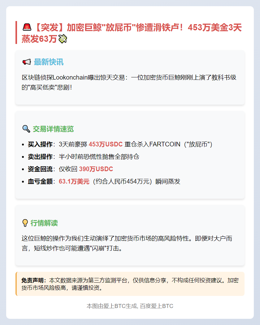鲸鱼抛售FARTCOIN 三天亏损63万美元