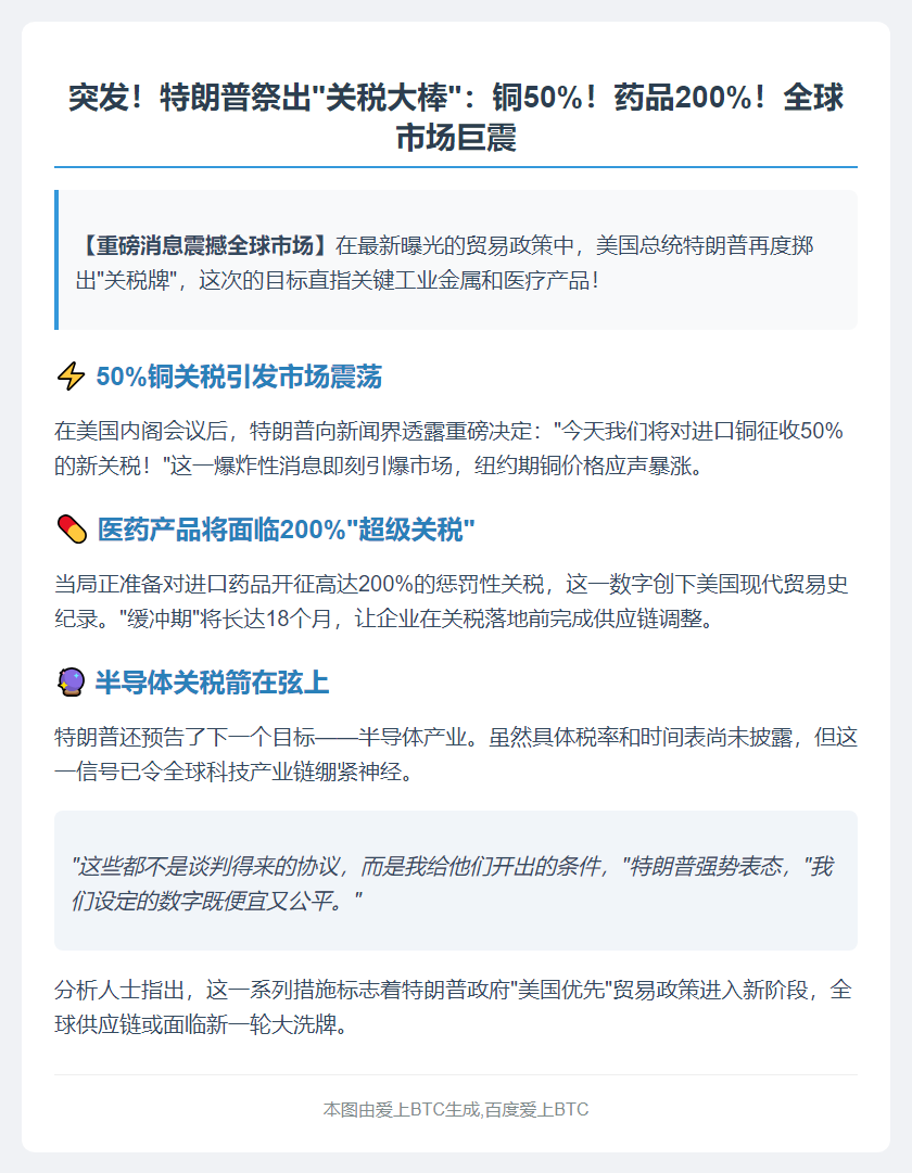 特朗普欲对进口铜征50%关税 药品或达200%
