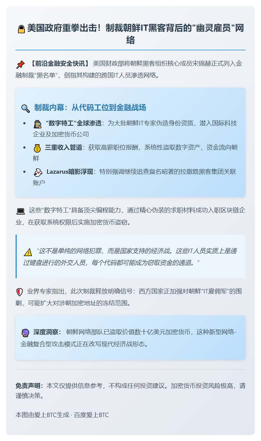 美制裁朝鲜IT人员涉网络间谍与加密币盗窃