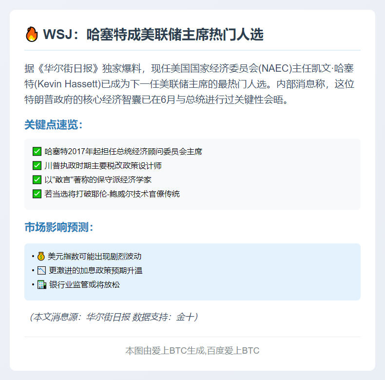 WSJ：哈塞特成美联储主席热门人选